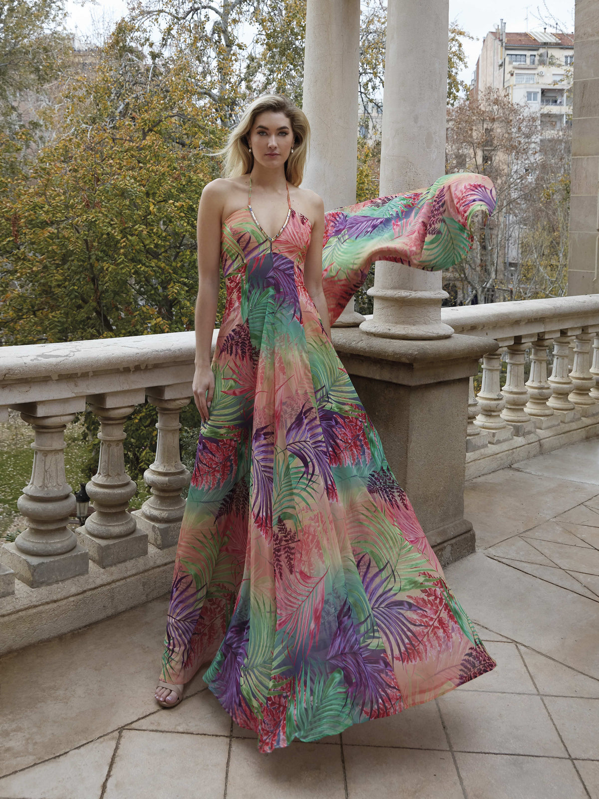 Ceylan Bcn Monaco long dress in elegant fabric, featuring a flowing silhouette and stylish design for formal occasions.