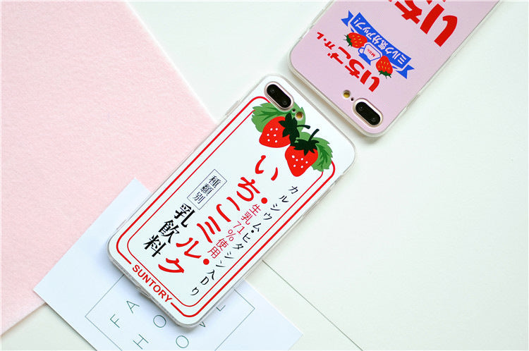 Strawberry phone case with red berry design and green leaves viewed from the front