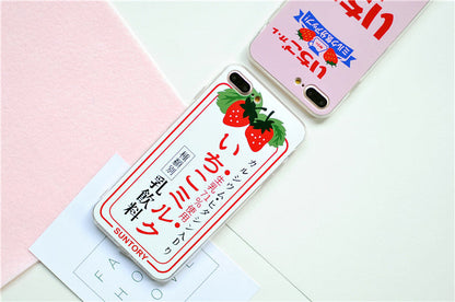 Strawberry phone case with red berry design and green leaves viewed from the front
