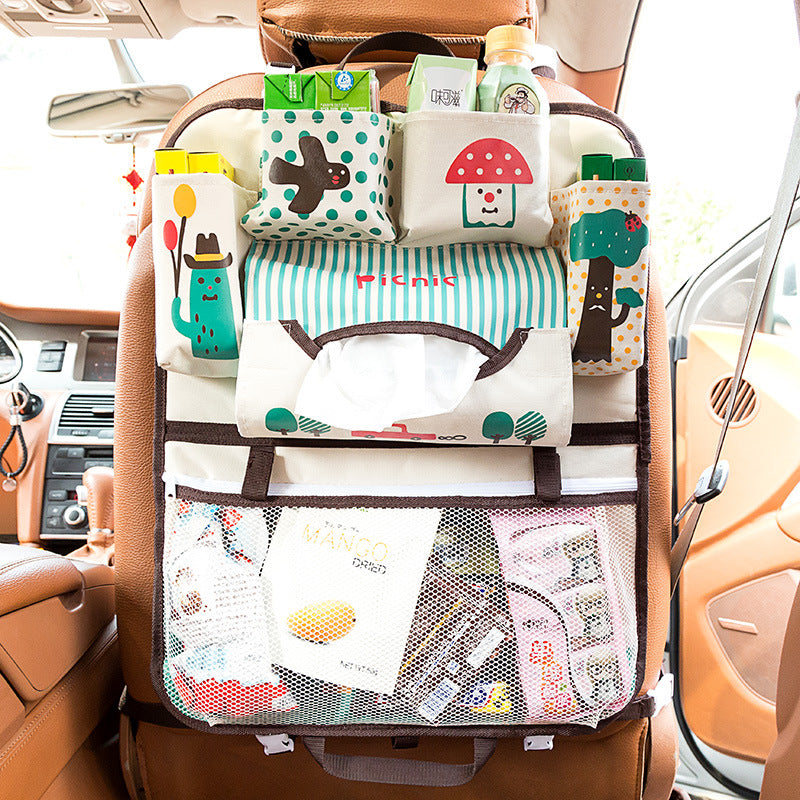 Cartoon car storage bag seat hanging bag in playful character design, shown hanging from a vehicle seat