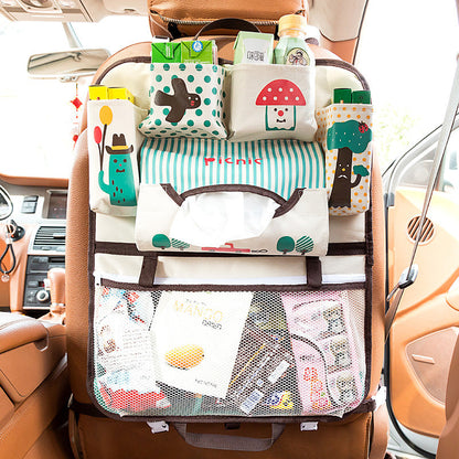Cartoon car storage bag seat hanging bag in playful character design, shown hanging from a vehicle seat