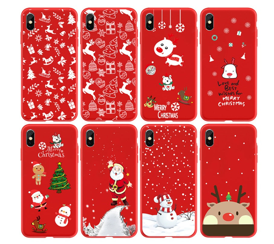 Christmas phone case with festive holiday design in red and green tones encasing a smartphone