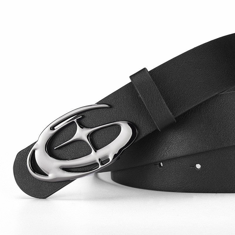 Women's slim leather belt with irregular hollowed-out buckle, designer-inspired style