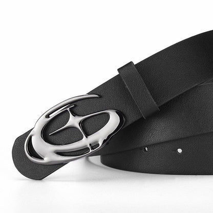 Women's slim leather belt with irregular hollowed-out buckle, designer-inspired style