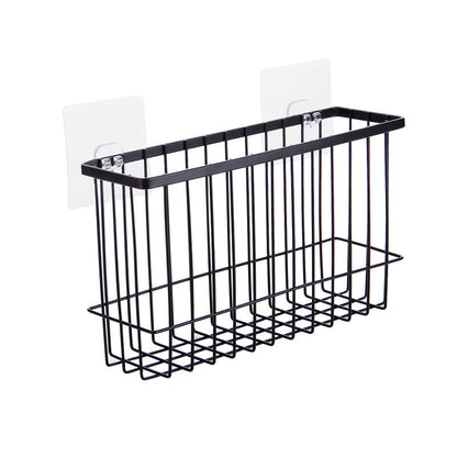 Wrought iron bathroom shelf with black metal frame and wall-mounted design