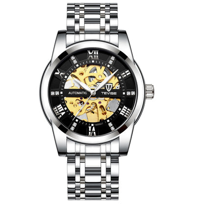 Mechanical watch with hollowed-out steel bracelet, stainless steel case, and analog dial