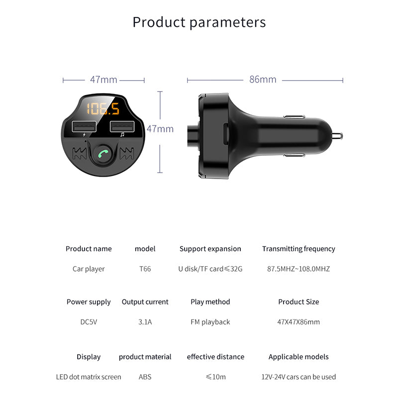 T66 car MP3 Bluetooth player by My Store with compact dashboard design and digital display