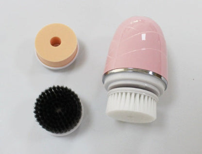 Rotary electric face washer cleaning brush with soft bristles, handheld skincare tool in white and pink