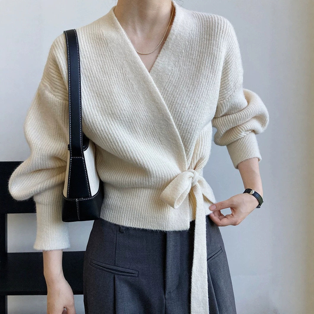 French-style vintage collar lace-up loose-fitting knit cardigan for outerwear, front view