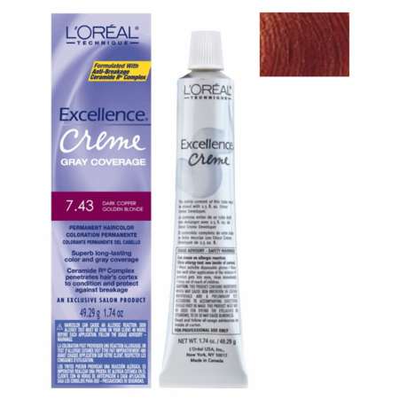 L'Oreal Excellence Dark Copper Golden Blonde #7.43 Creme Permanent Hair Color, 1.74 Oz