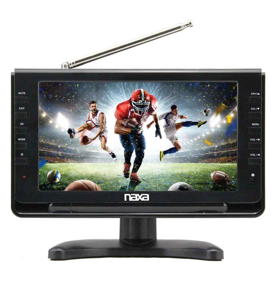 Naxa 10-inch portable 12V TV and digital multimedia player displaying a screen with multimedia content.