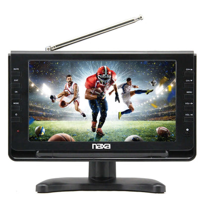 Naxa 10-inch portable 12V TV and digital multimedia player displaying a screen with multimedia content.