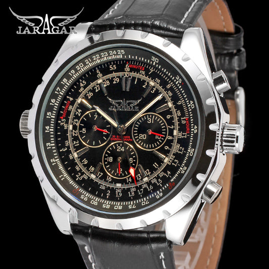 Black JARAGAR three-eye six-needle automatic watch with stainless steel band and detailed dial, from BACKUPMYFILESNOW®
