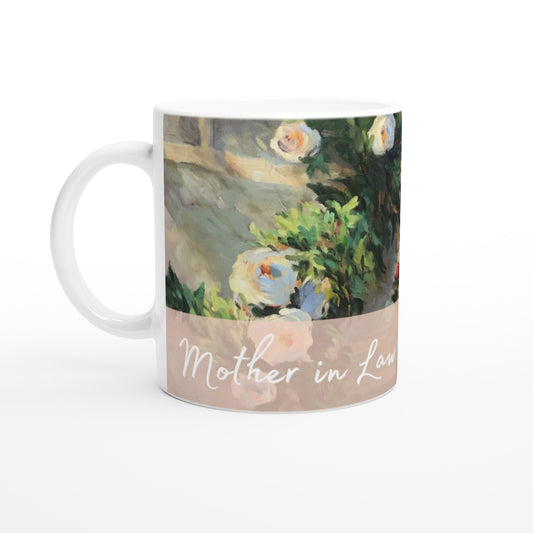 Gelato ceramic mug featuring "Mother in Law" design with white roses artwork by Barbara Cleary, 11oz white print mug.
