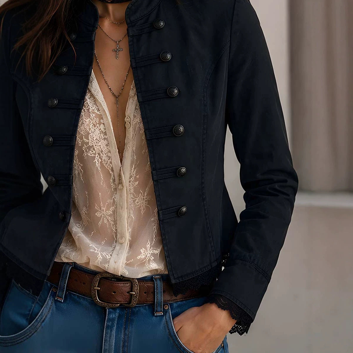 Vintage women's double-breasted short coat with stand-neck jacket design
