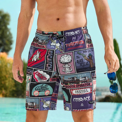 Couples loose quick-drying beach shorts with colorful digital print and elastic waistband