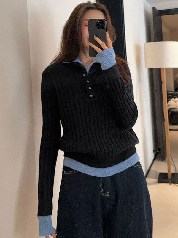 Women's color-blocked turtleneck knit sweater, mock two-piece design with long sleeves for autumn and winter