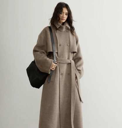 Retro-chic oat-beige belted wool coat with a long silhouette