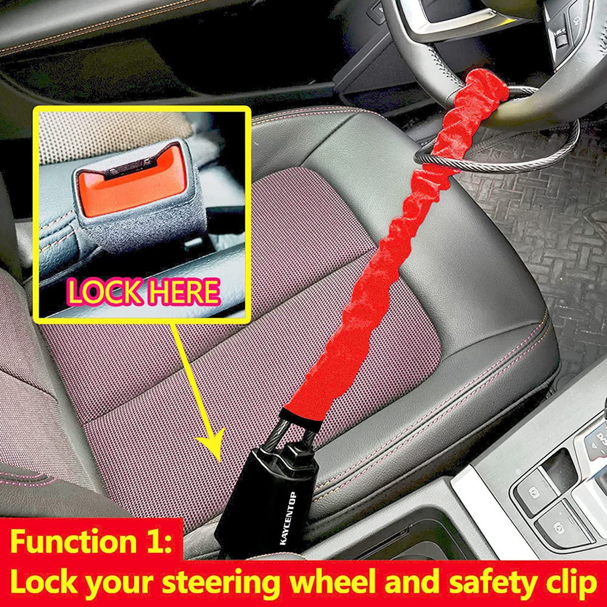 Car steering wheel wire rope lock, anti-theft security device with black cable and locking mechanism