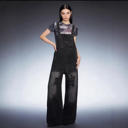 Women's retro loose-fit wide-leg denim overalls with adjustable straps and multiple pockets