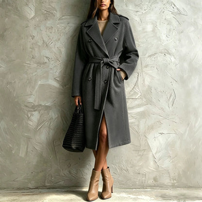Double-breasted belted mid-length wool coat in a classic tailored design