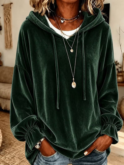 Women's hooded velvet sweater with drawstring, loose fit, autumn and winter style