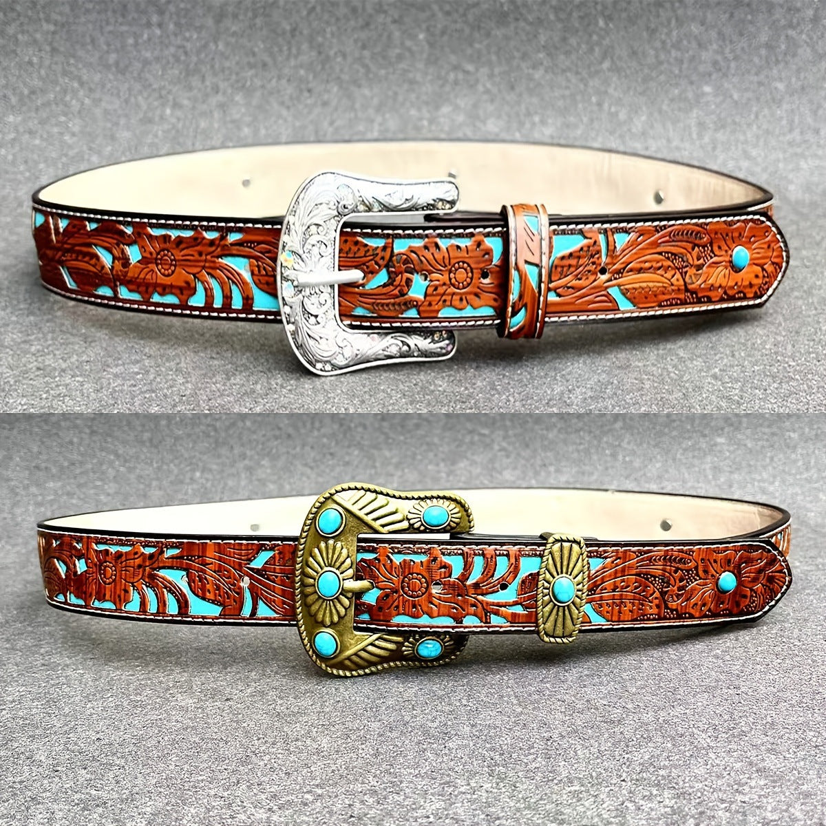 Western style carved leather belt with turquoise buckle, versatile accessory for jeans and all seasons