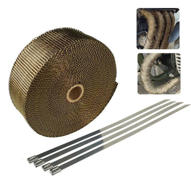 Motorcycle exhaust pipe insulation belt wrapped around a metal exhaust pipe