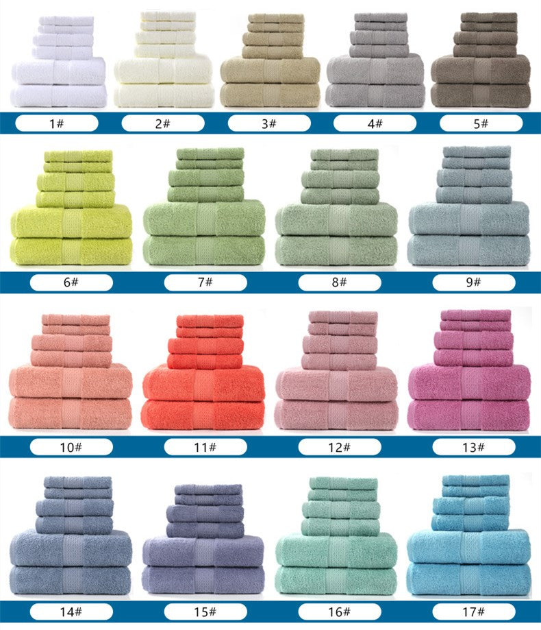 Cotton absorbent towel set, available in 3-piece and 6-piece options, soft textured fabric folded neatly