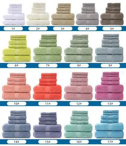 Cotton absorbent towel set, available in 3-piece and 6-piece options, soft textured fabric folded neatly