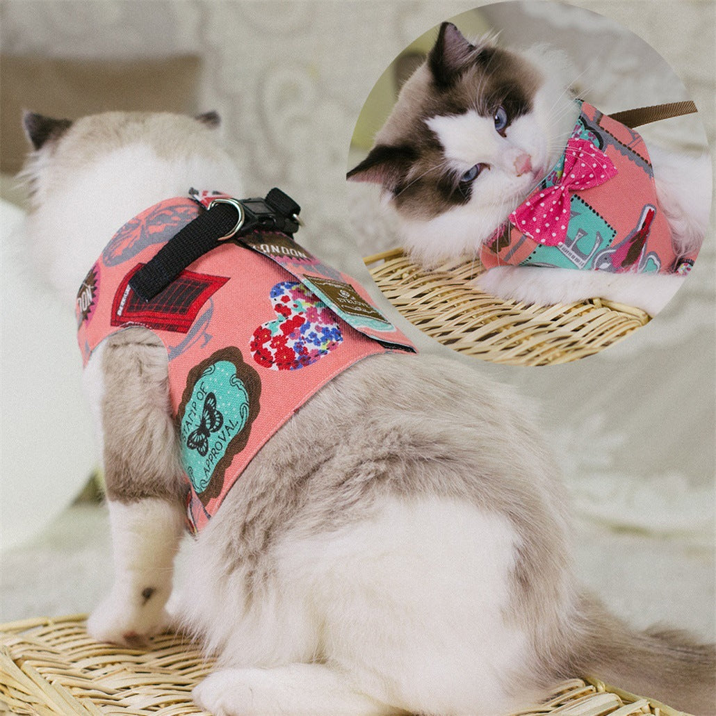 Rope cat traction chest strap set with bow, adjustable cat harness in red and black striped design