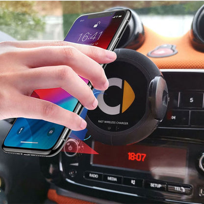 Car wireless charger mounted on a dashboard, featuring a compact design and secure phone holder.