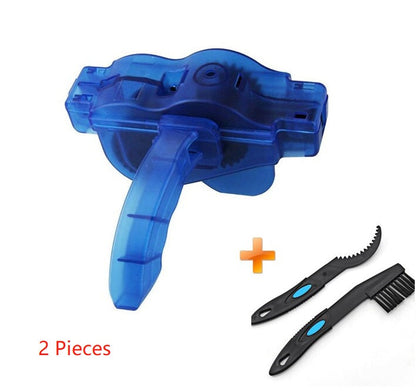Bicycle maintenance chain cleaning tool in use, close-up view