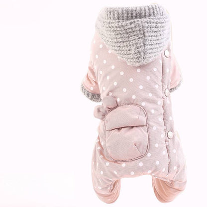 Small dog wearing an autumn and winter four-legged padded coat in a cozy design