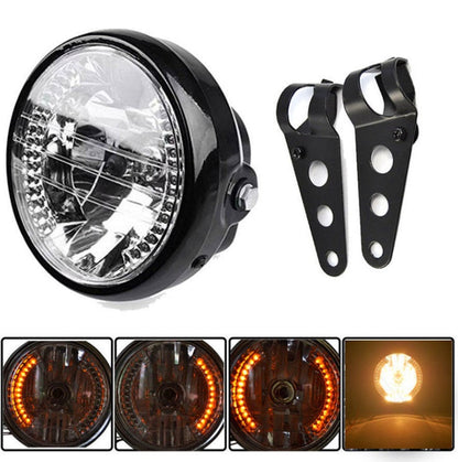 Motorcycle headlight with turn signal indicator blinker and bracket for cafe racer, close-up product view