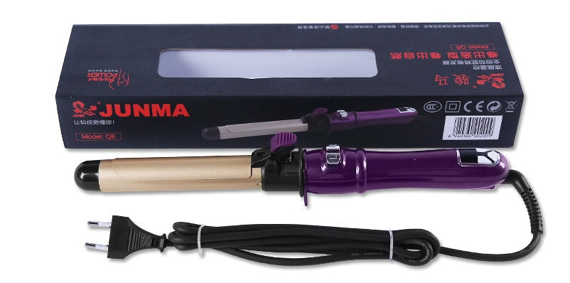 Automatic rotating ceramic curling iron for hair, 360-degree curl styling tool; black and gold design