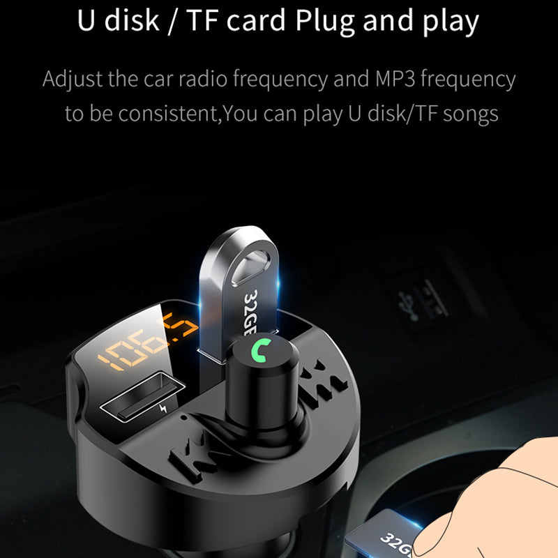 T66 car MP3 Bluetooth player with compact design and hands-free car audio controls