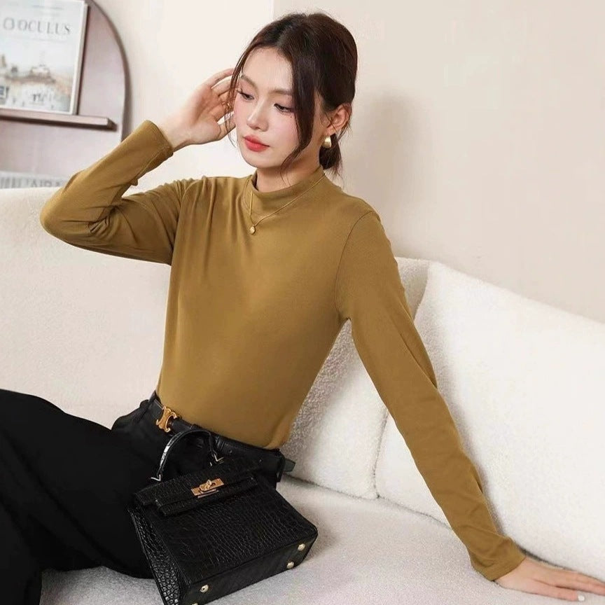 Double-sided brushed knit long-sleeve top in versatile solid color, front and back view