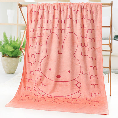 Cartoon print bath towel beach towel in soft terry fabric, displayed flat with colorful illustrated design