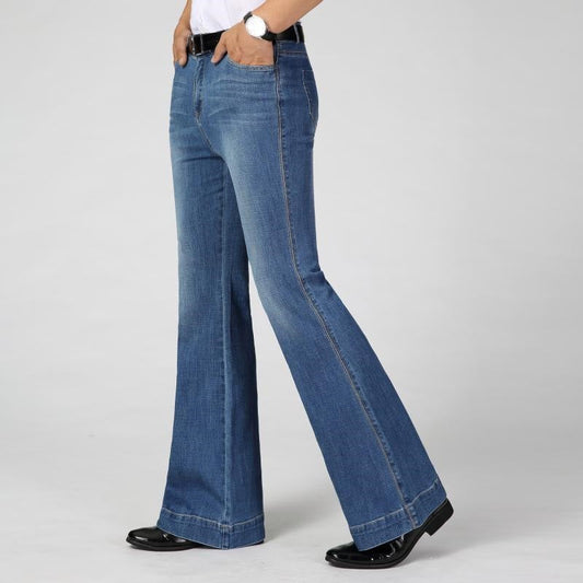 Men's denim mid-rise flared pants with a fashionable, wide-leg silhouette
