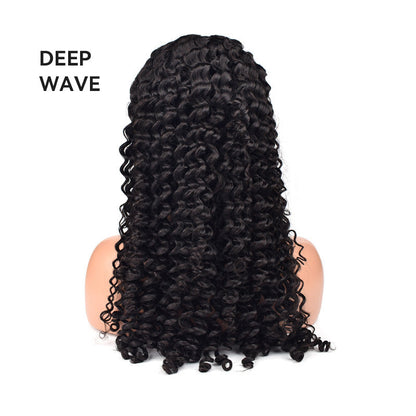 Human hair full-head wig displayed on a plain background