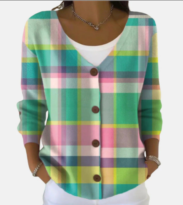 Women's printed knitted button cardigan sweater by My Store