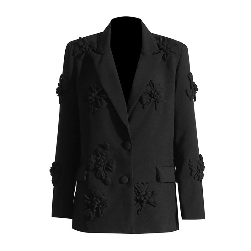 Three-dimensional floral blazer for women with raised flower detailing in a tailored silhouette