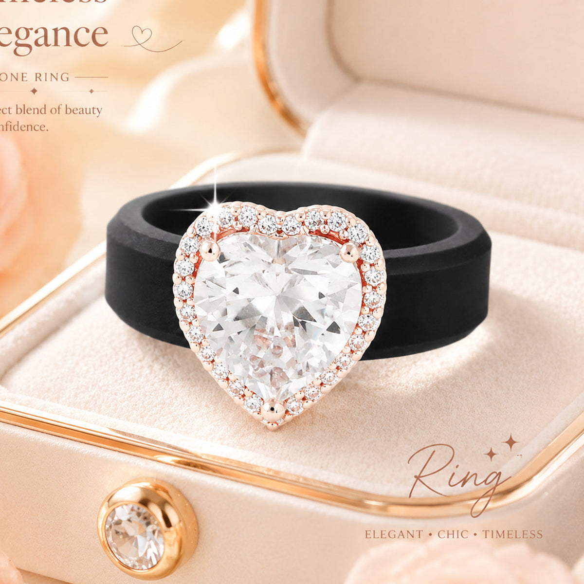 Heart-shaped zircon ring with silicone inlay, close-up view of silver-tone jewelry.