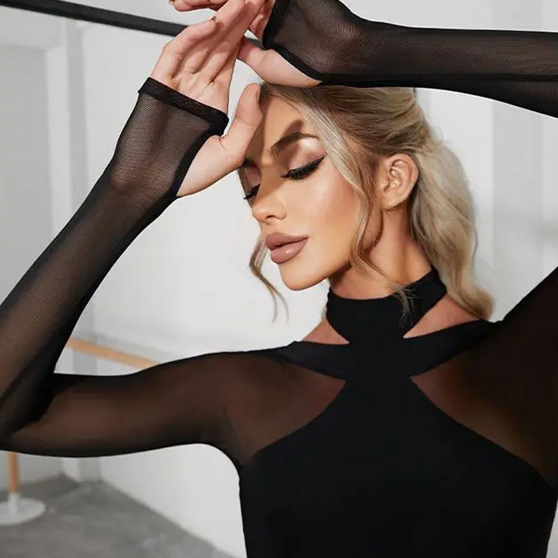 Women's mesh-spliced jumpsuit with sheer panel detailing, full-length silhouette, and fitted design