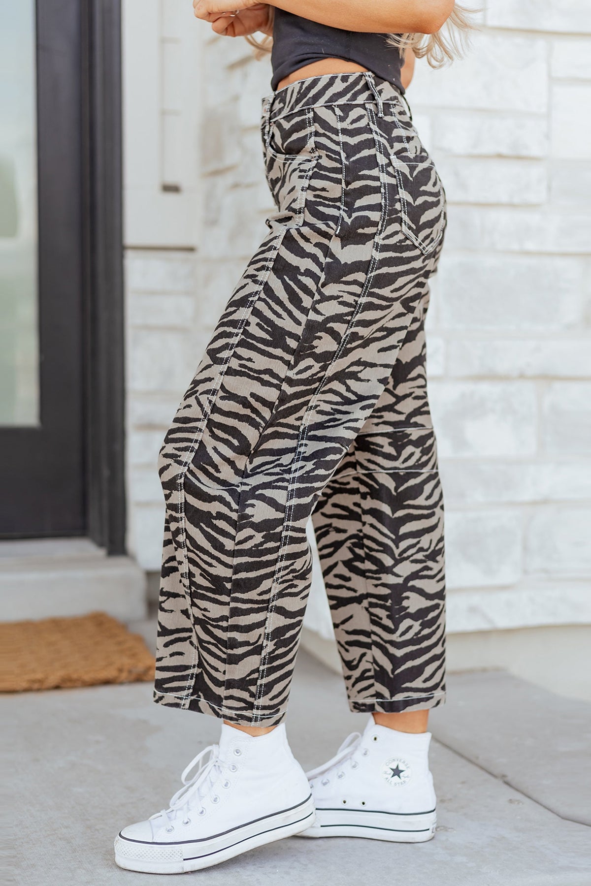 Hunter printed wide leg jeans by Threaded Pear featuring a stylish pattern and relaxed fit, shown in a full-length view.