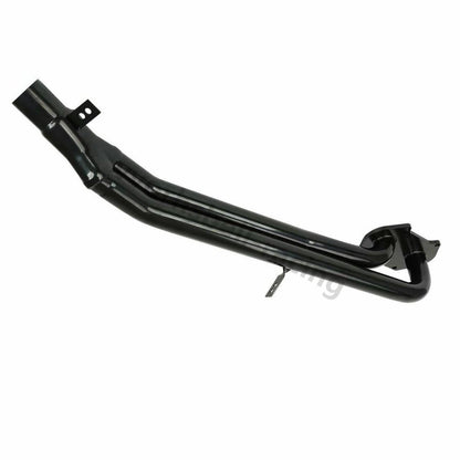Black exhaust manifold head section viewed against a plain background