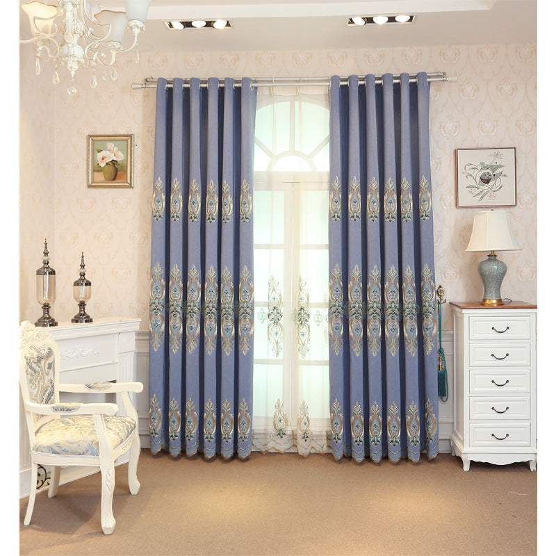 Slub cotton embroidery curtain fabric with textured weave and decorative embroidered pattern