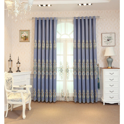 Slub cotton embroidery curtain fabric with textured weave and decorative embroidered pattern