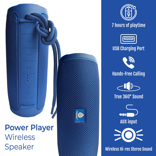Wireless speaker by Pursonic, The Power Player, showing a sleek black portable speaker with buttons on top and a fabric grill.